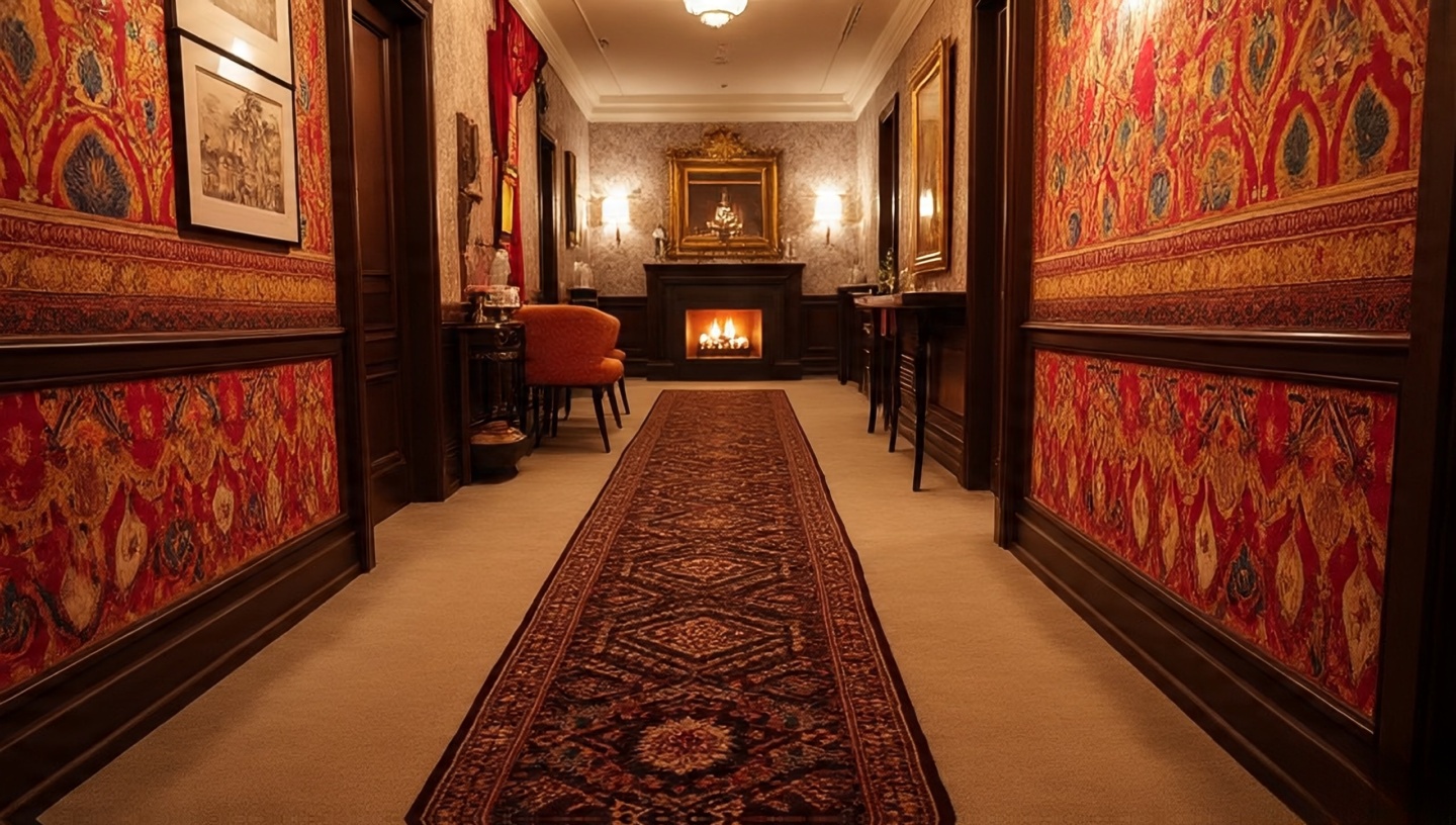 Corridor wayfinding with darker Turkish kilim runner to a lounge and brighter Indian prints toward social areas