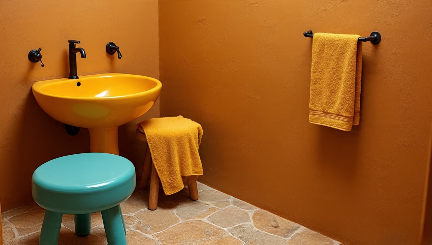 Earthy bathroom with bold ochre sink and turquoise stool