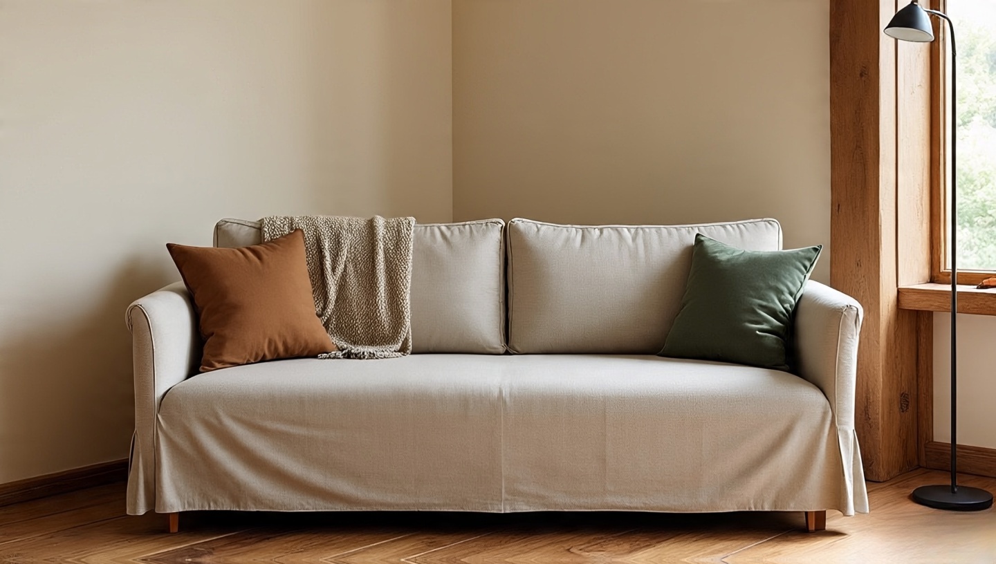 Minimalist Boho linen sofa with two statement cushions and a textured throw in an uncluttered room