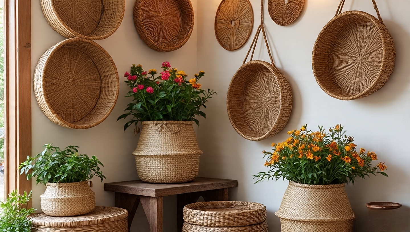 Corner styled with stacked round and oval woven baskets on floor and wall, some used as plant covers