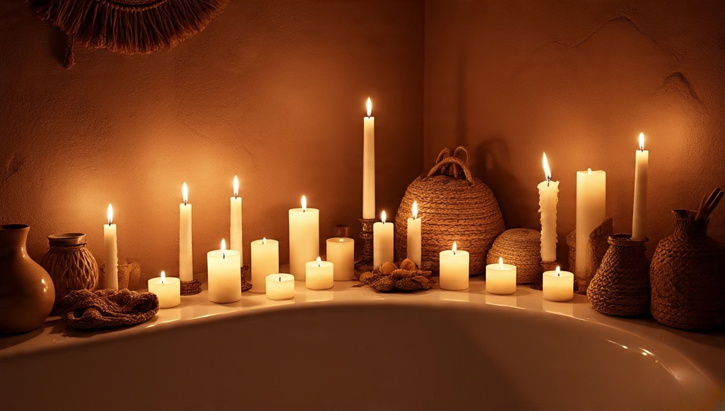 Bathtub ledge lined with beeswax candles creating warm glow