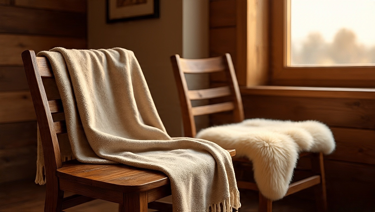 Rustic dining chairs styled with cozy throws for added softness