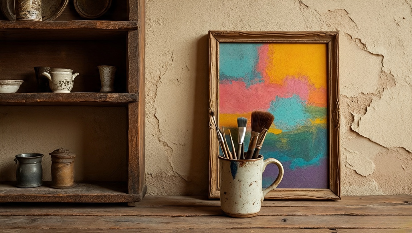 Slightly crooked picture frame and chipped ceramic mug on a rustic shelf as wabi-sabi details