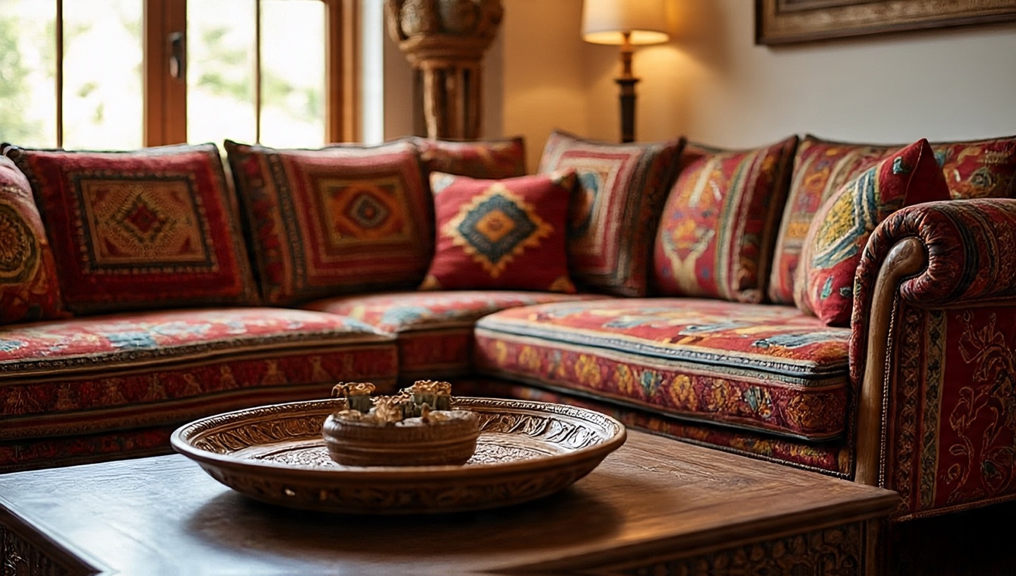 Boho sofa styled with travel finds: Marrakech cushion cover, Oaxacan throw and a carved Balinese tray