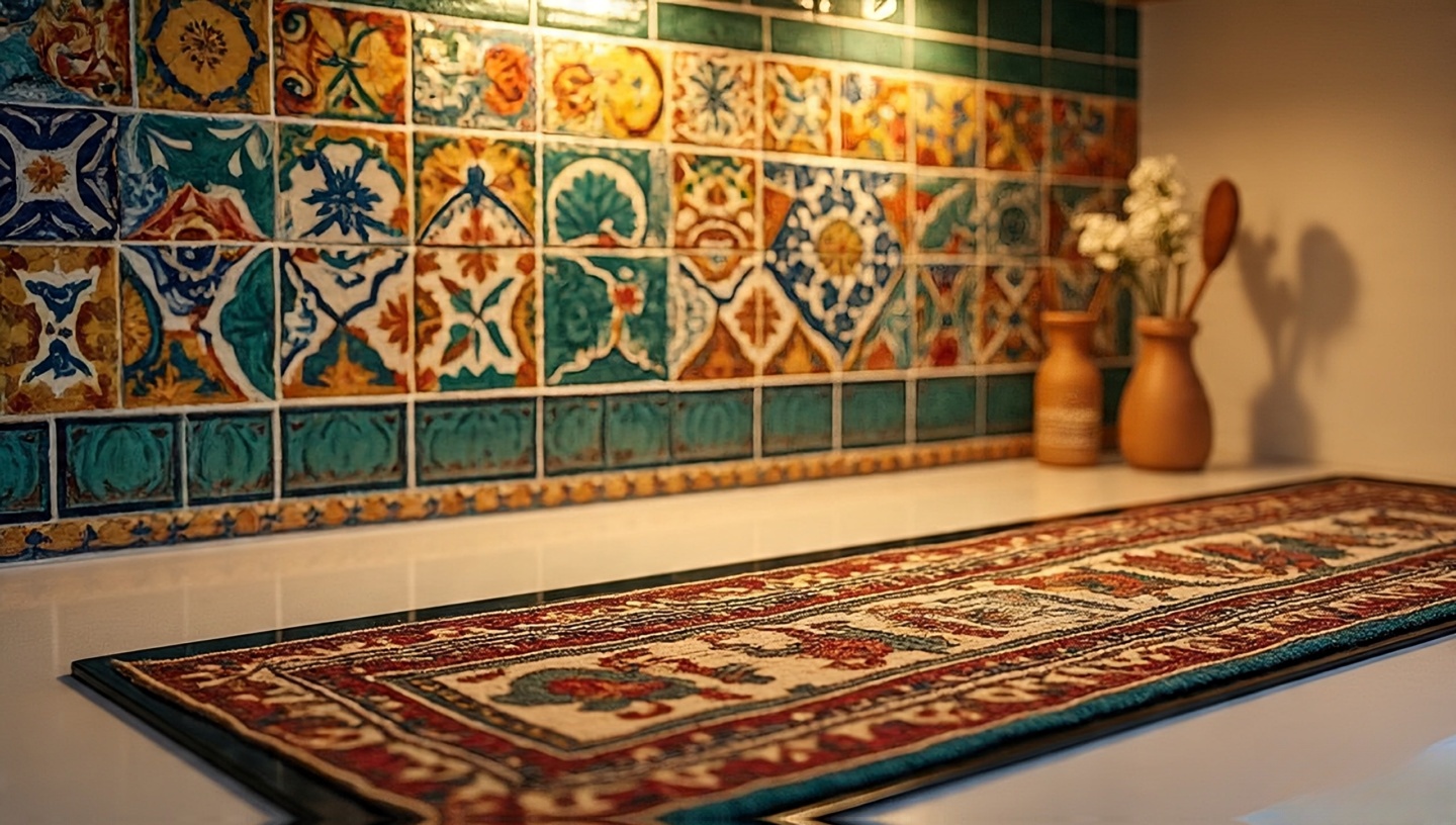 Kitchen with Moroccan zellige backsplash finished with epoxy grout and a flat-weave kilim runner near prep zone