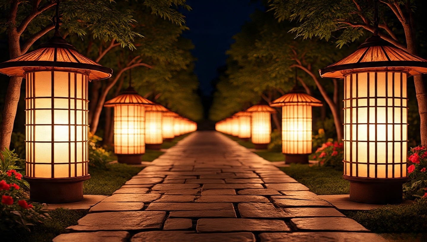 Row of bamboo lanterns lining a stone patio pathway, each glowing warmly to guide the way