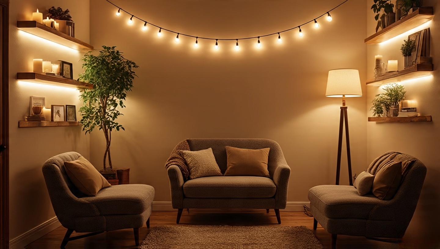 Layered lighting with ambient string lights, a task floor lamp by a chair, and accent candles and sconces