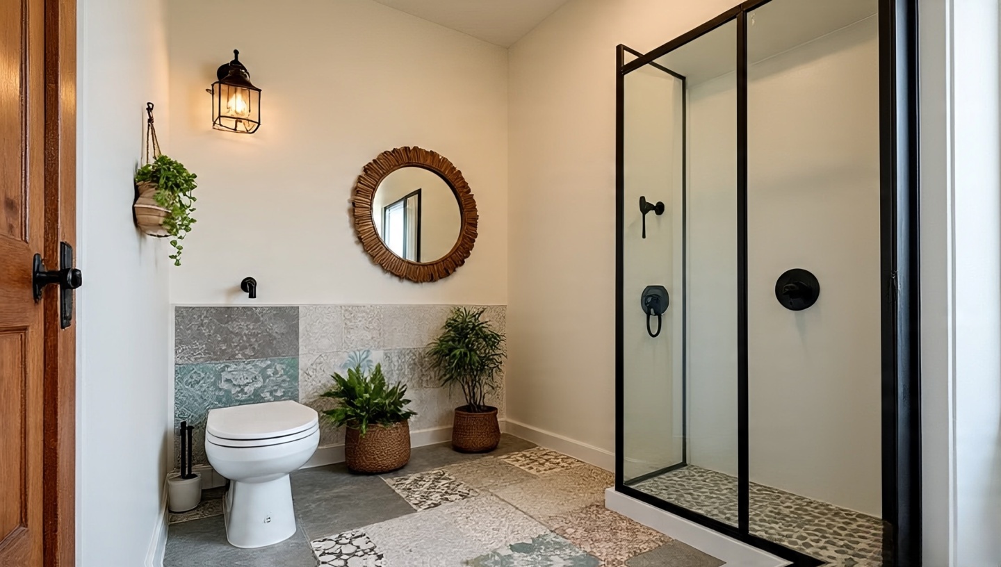 Bathroom combining Boho tiles with industrial and Scandinavian elements