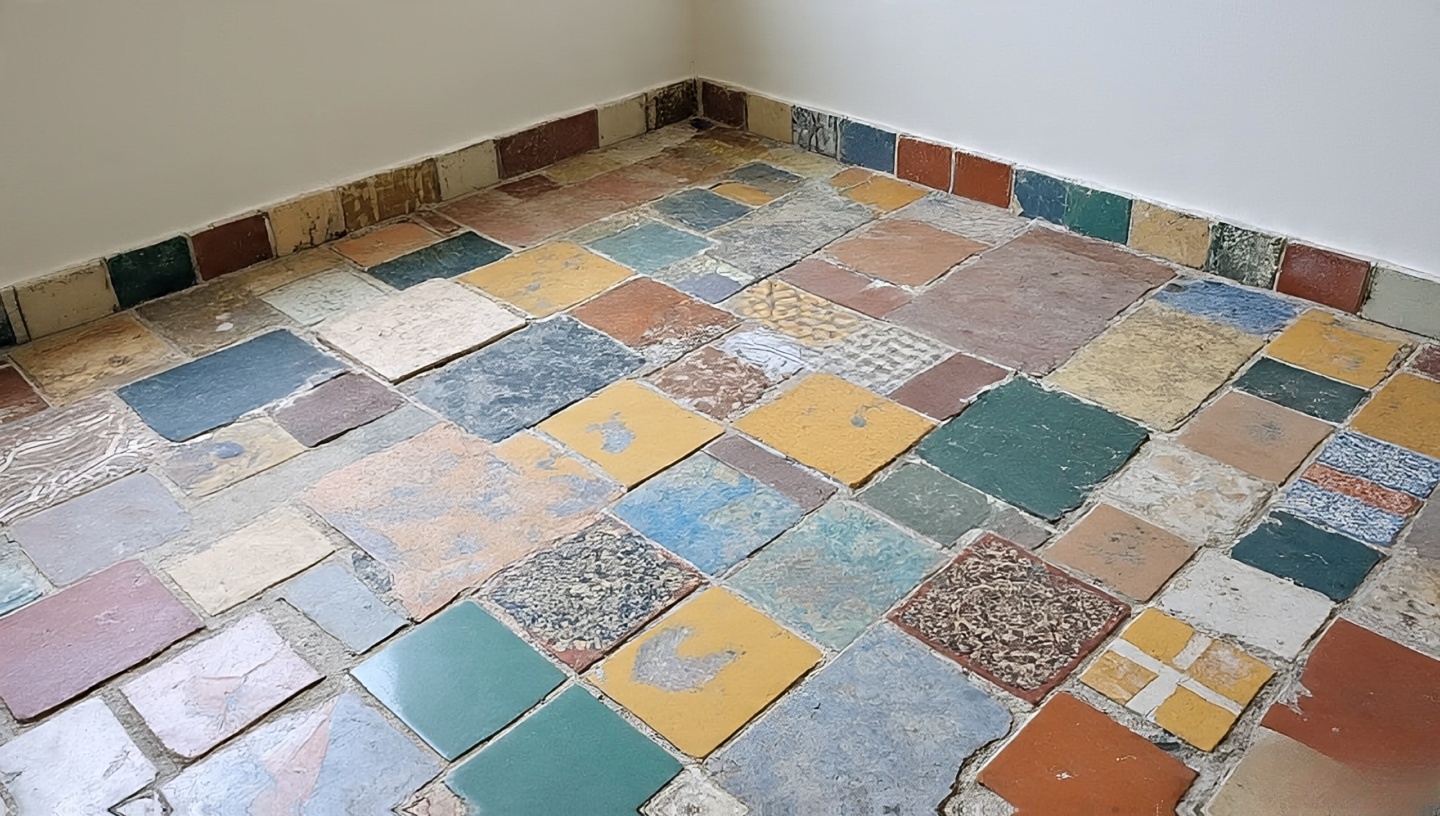 Patchwork bathroom floor made from reclaimed tile remnants