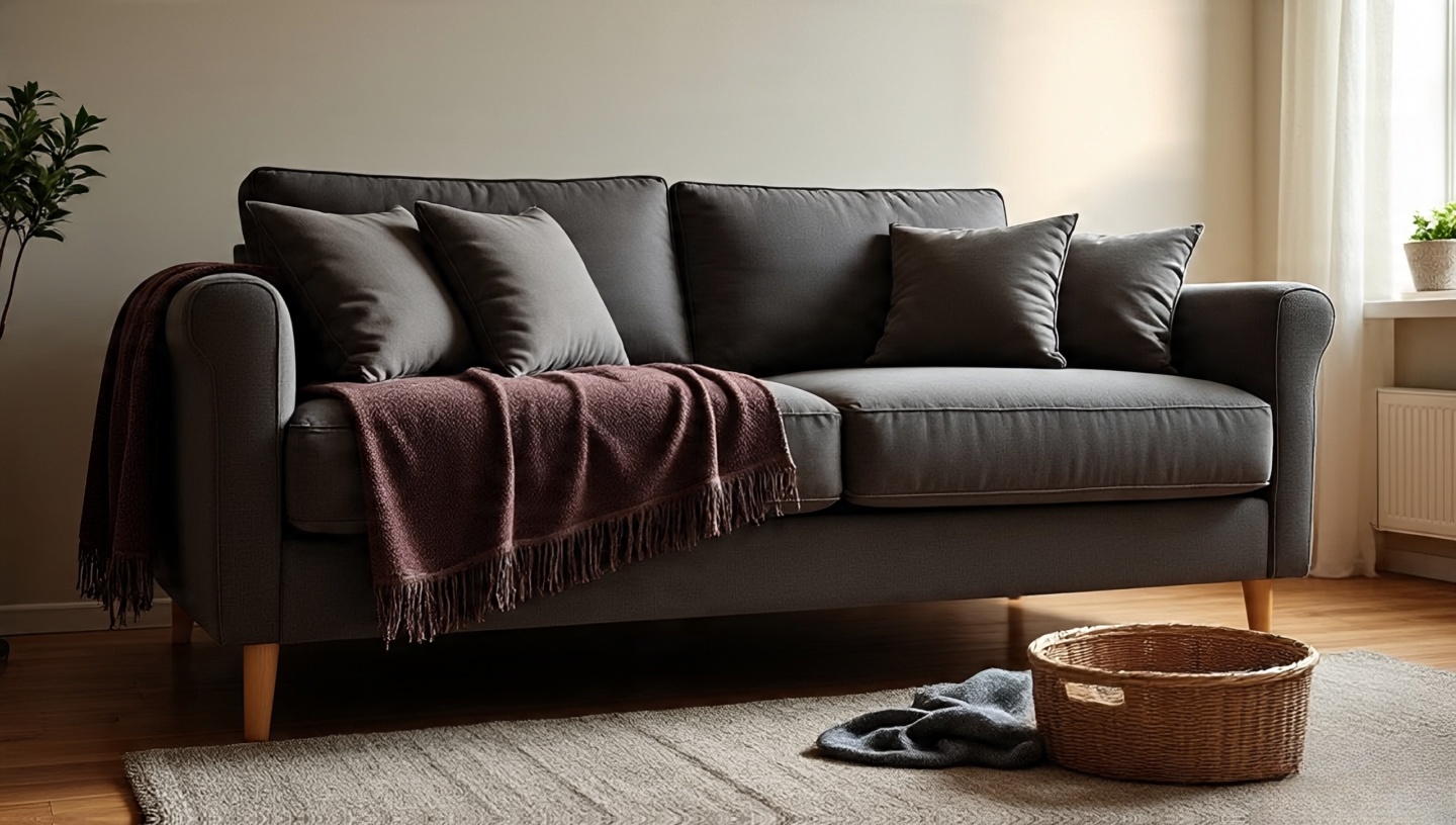 Family friendly Boho sofa with dark washable throws, zipped cushions and a dedicated pet throw in a basket