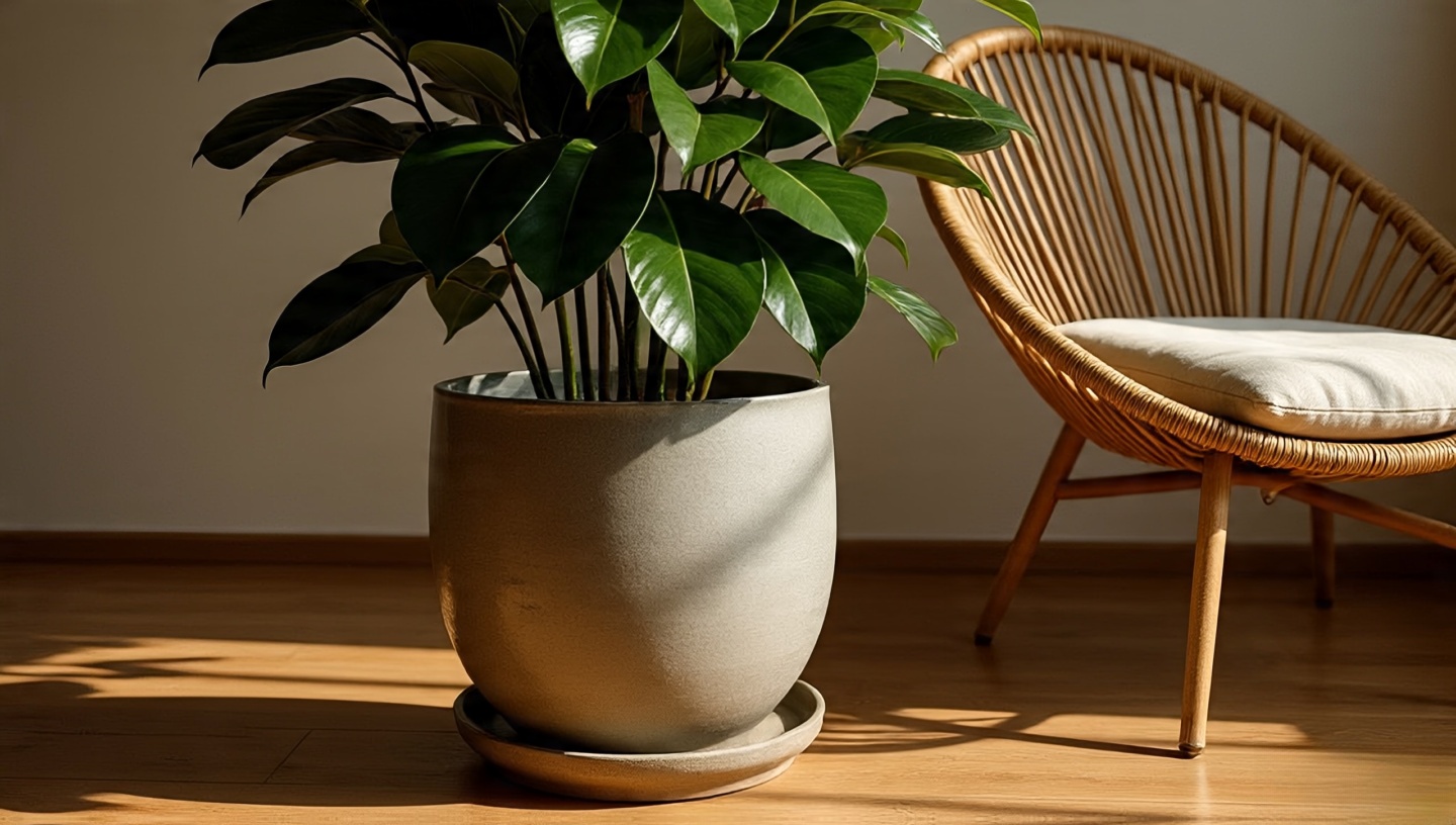 Large indoor plants in clay pots acting as furniture, replacing side tables and anchoring corners