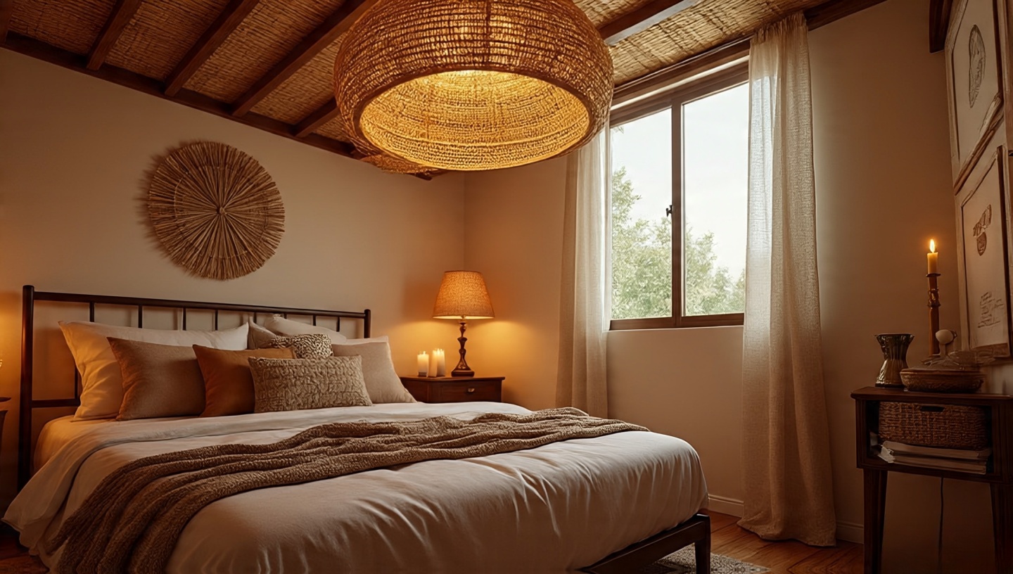 Layered lighting in a Bohemian bedroom: woven ceiling fixture, brass table lamp, and candles