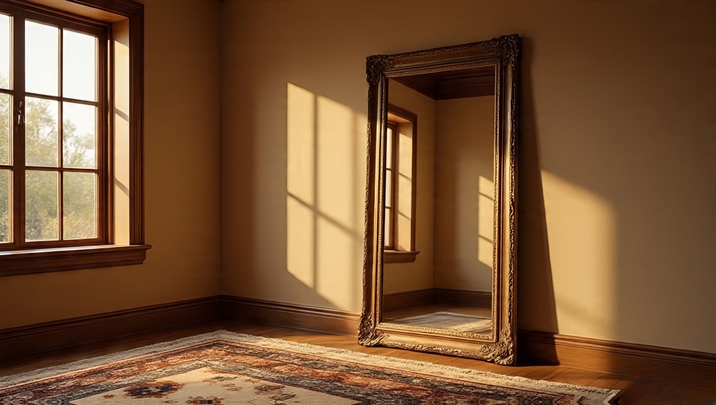 Antiqued mirror mounted to catch cross-light and reflect the rug edge to visually enlarge a small room