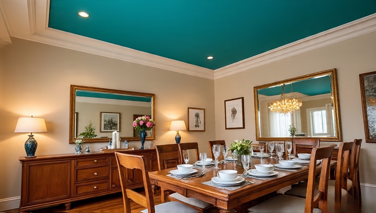 Dining room with a striking painted ceiling in bold color