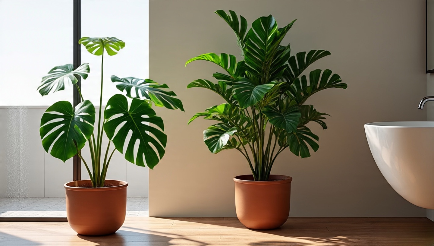 Large monstera and fiddle-leaf fig in terracotta pots on bathroom floor