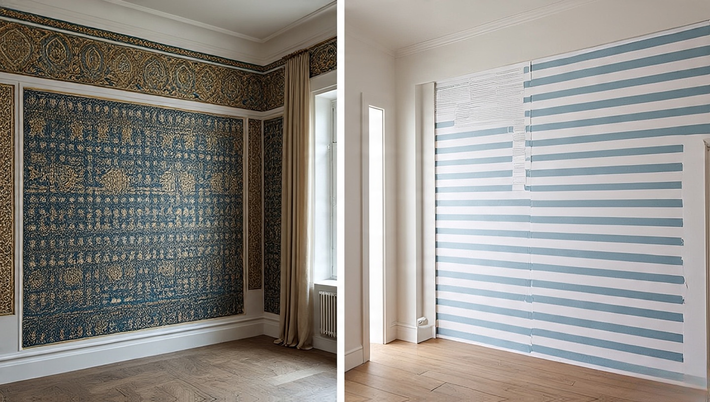 Comparison of tall ceiling with bold vertical Moroccan motif versus low ceiling using horizontal Turkish stripes