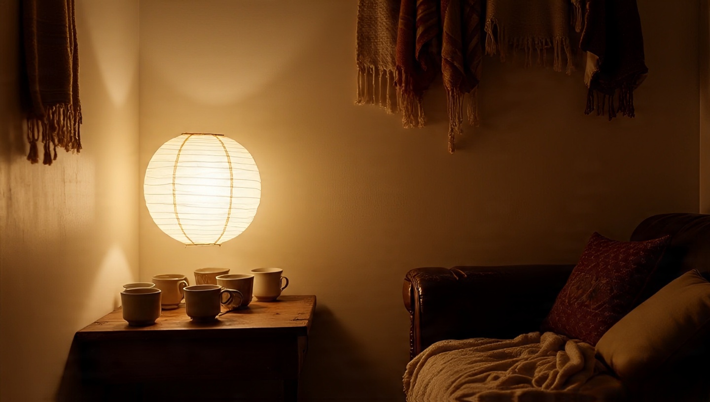 Cozy corner lit by a glowing paper lantern creating a café-like Boho mood with rustic table and layered textiles