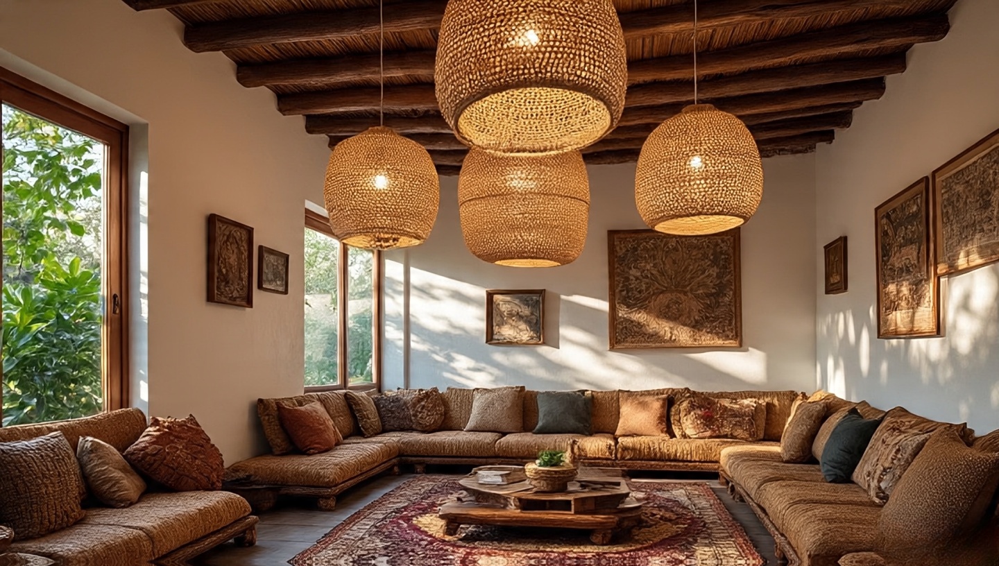 Ambient lighting with rattan pendant cluster casting patterned light in Boho living room