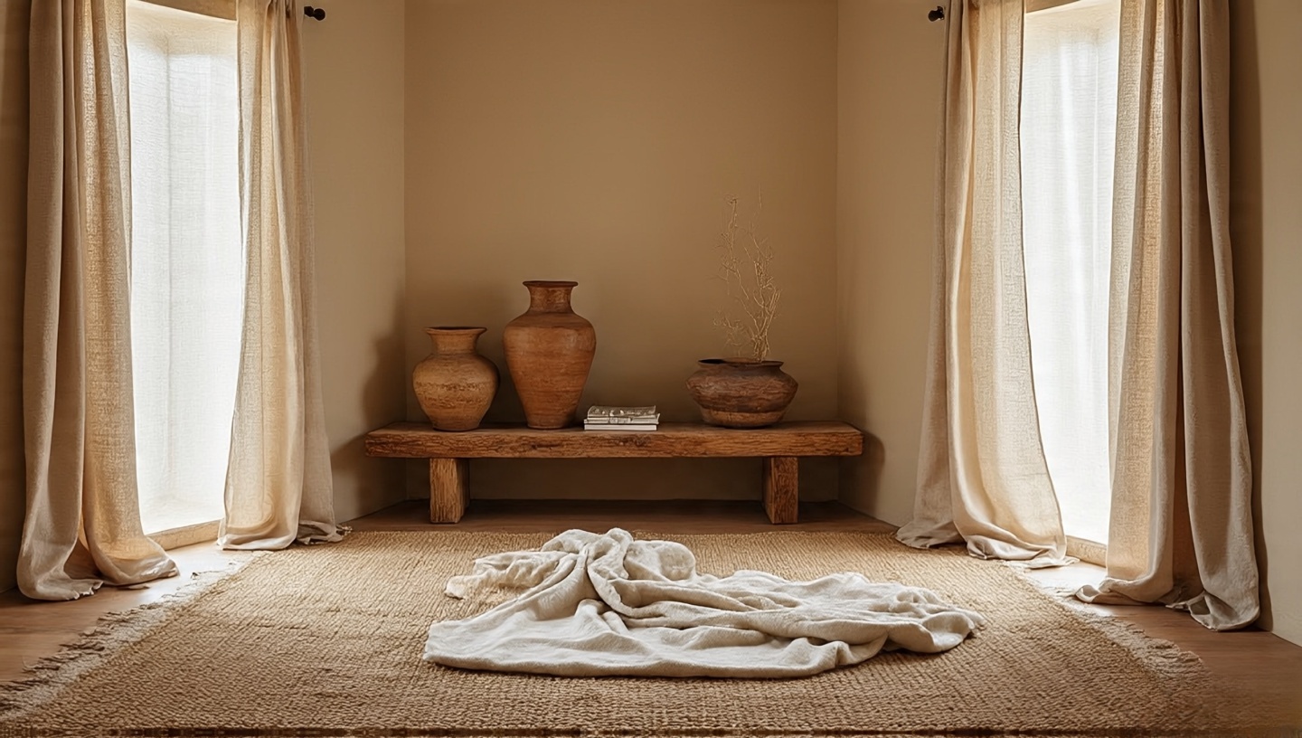 Neutral-toned bohemian interior with sandy plaster walls, linen textiles, and natural light