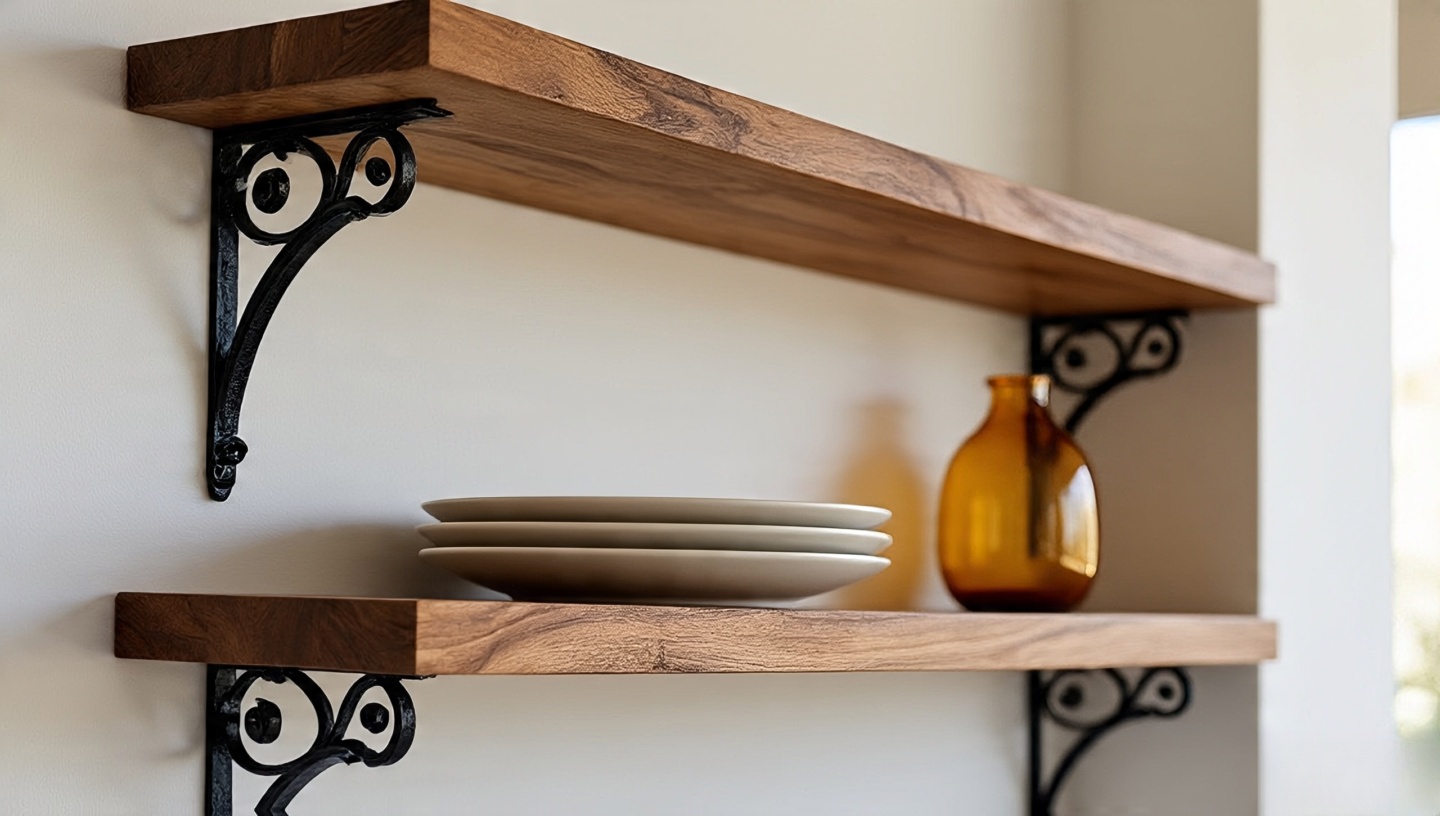 Close-up of walnut open shelf with black wrought iron brackets, stacked plates and amber glass vase