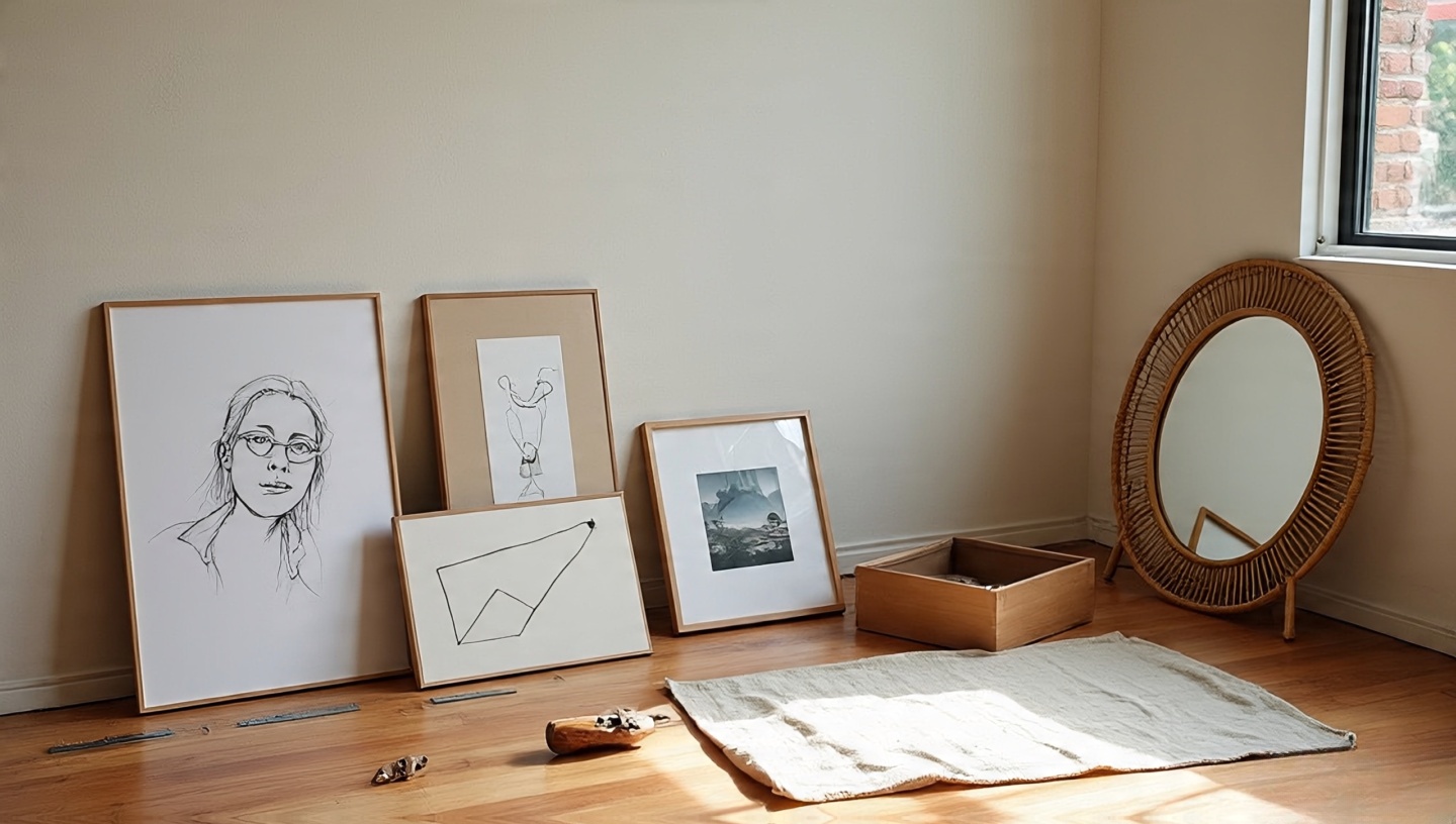 Flat lay of boho gallery wall art and frames: deckle-edge sketch, textile fragment, muted travel photos, geometric print, rattan mirror and tools