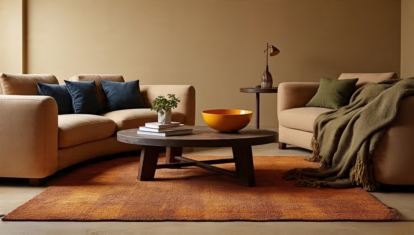 Earthy color palette with clay limewashed walls, sand sofa, olive and rust accents, subtle indigo highlight for 70-20-10 balance