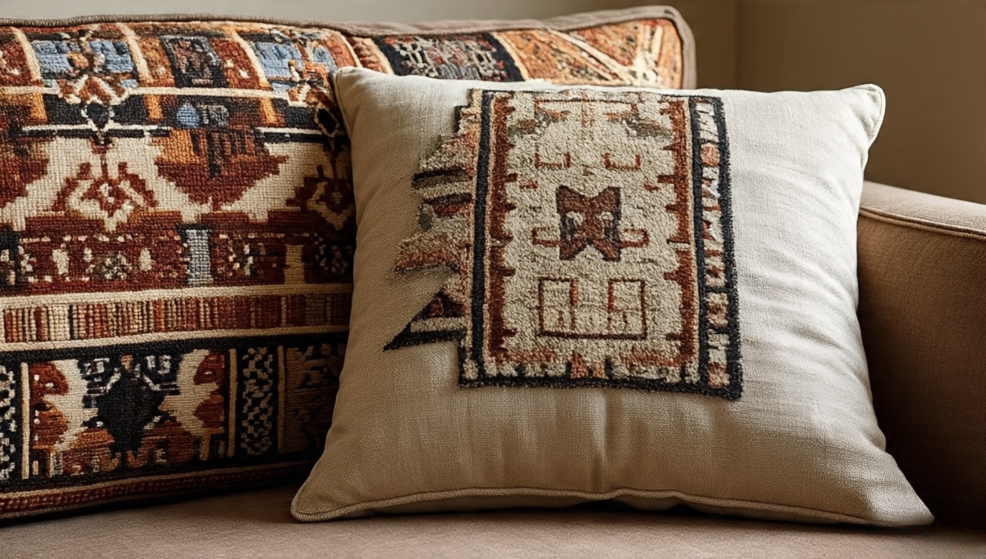 Close up of mixed Boho cushions including Turkish kilim, linen and tapestry pattern on a sofa corner