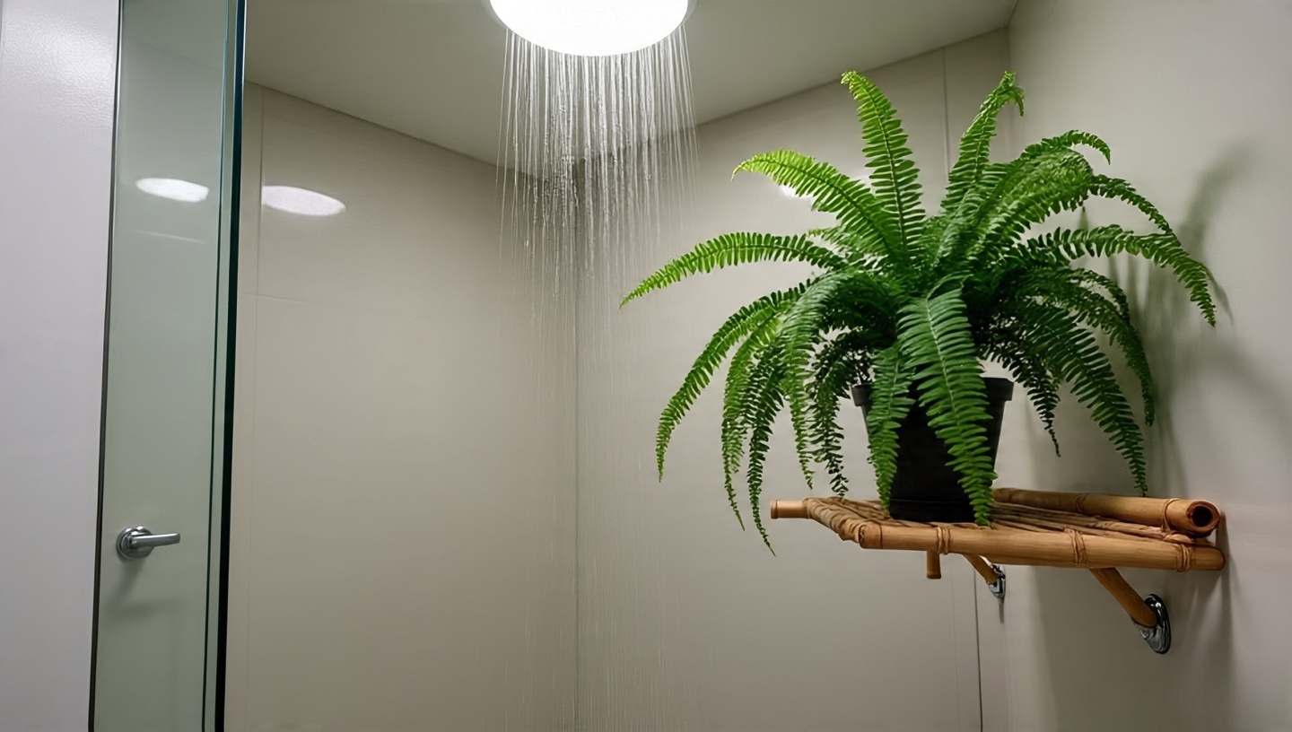 Boston fern on bamboo shelf near a steamy shower with overhead clearance, thriving in humid bathroom conditions