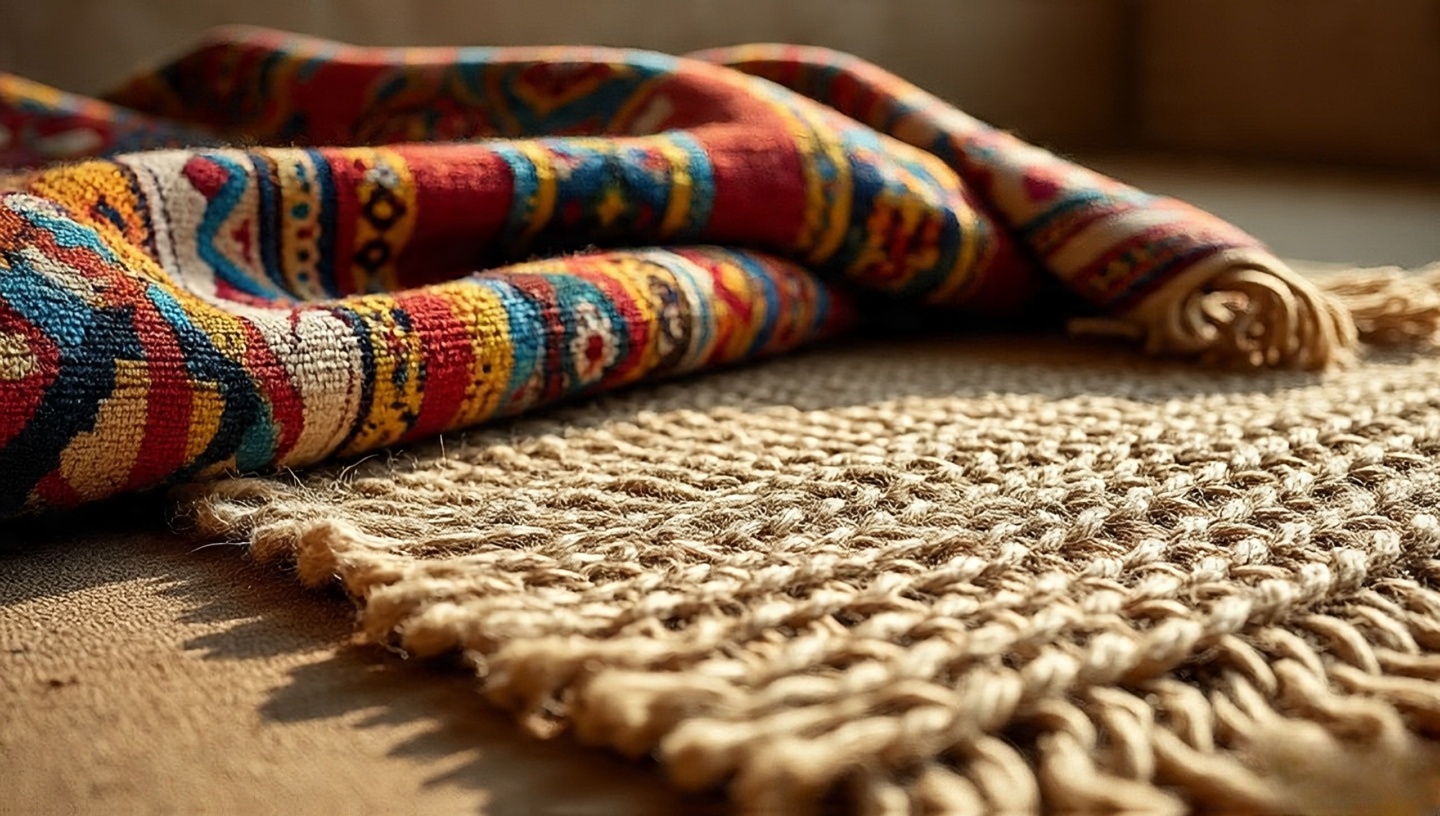 Close-up of hand-braided jute rug layered with colorful kilim in warm sunlight