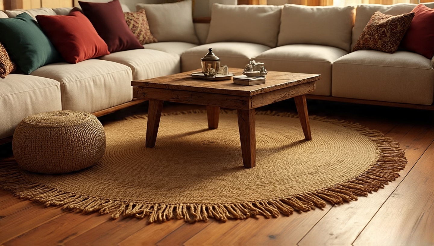 Boho living room with golden jute rug, reclaimed wood table, and jewel-toned cushions
