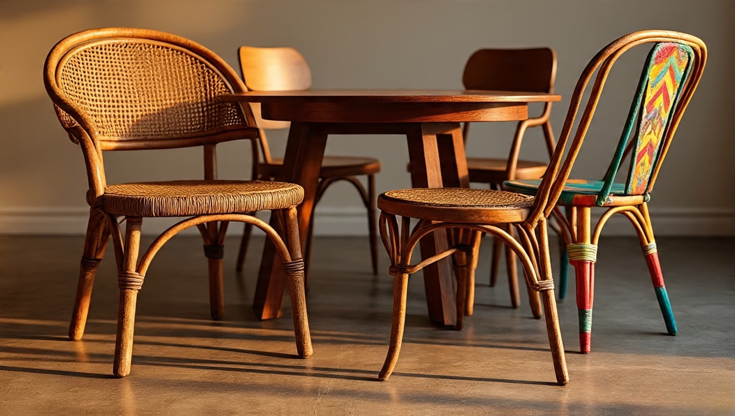Eclectic dining set with mismatched bohemian chairs around a wooden table