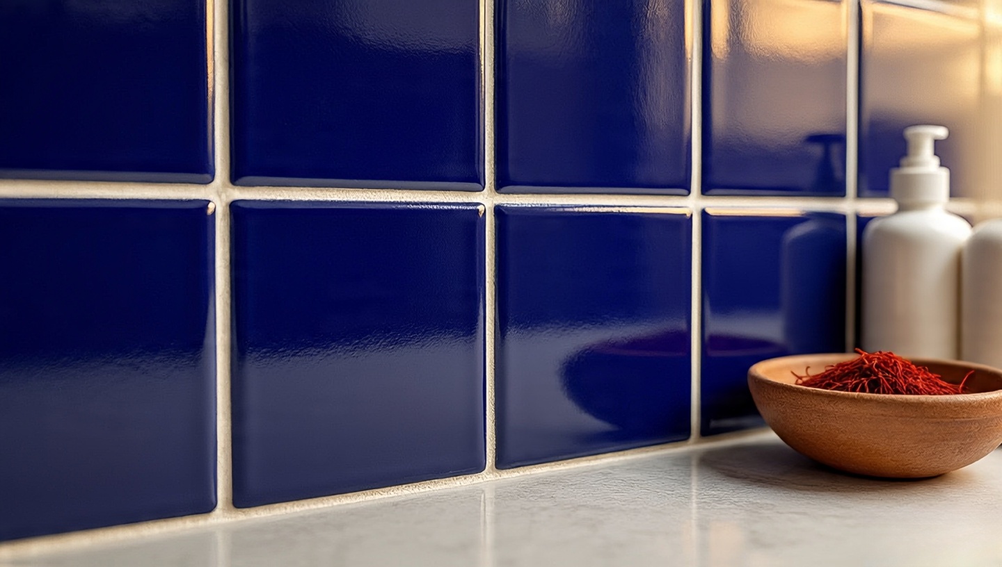 Close-up of Moroccan zellige backsplash with cobalt and white hand-cut tiles and sealed thin grout lines