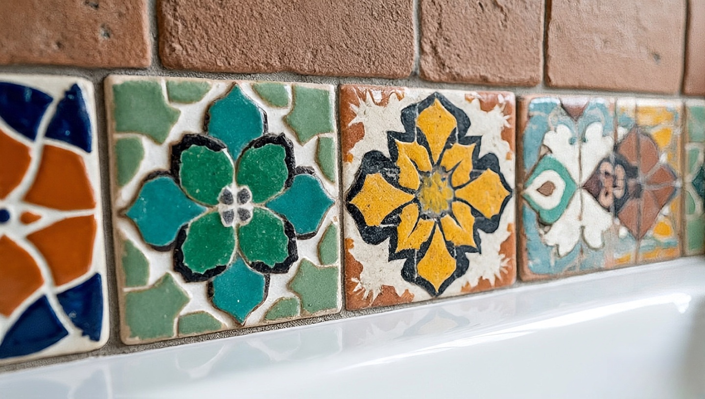 Close-up of Boho bathroom patterns with mosaic and terracotta tiles