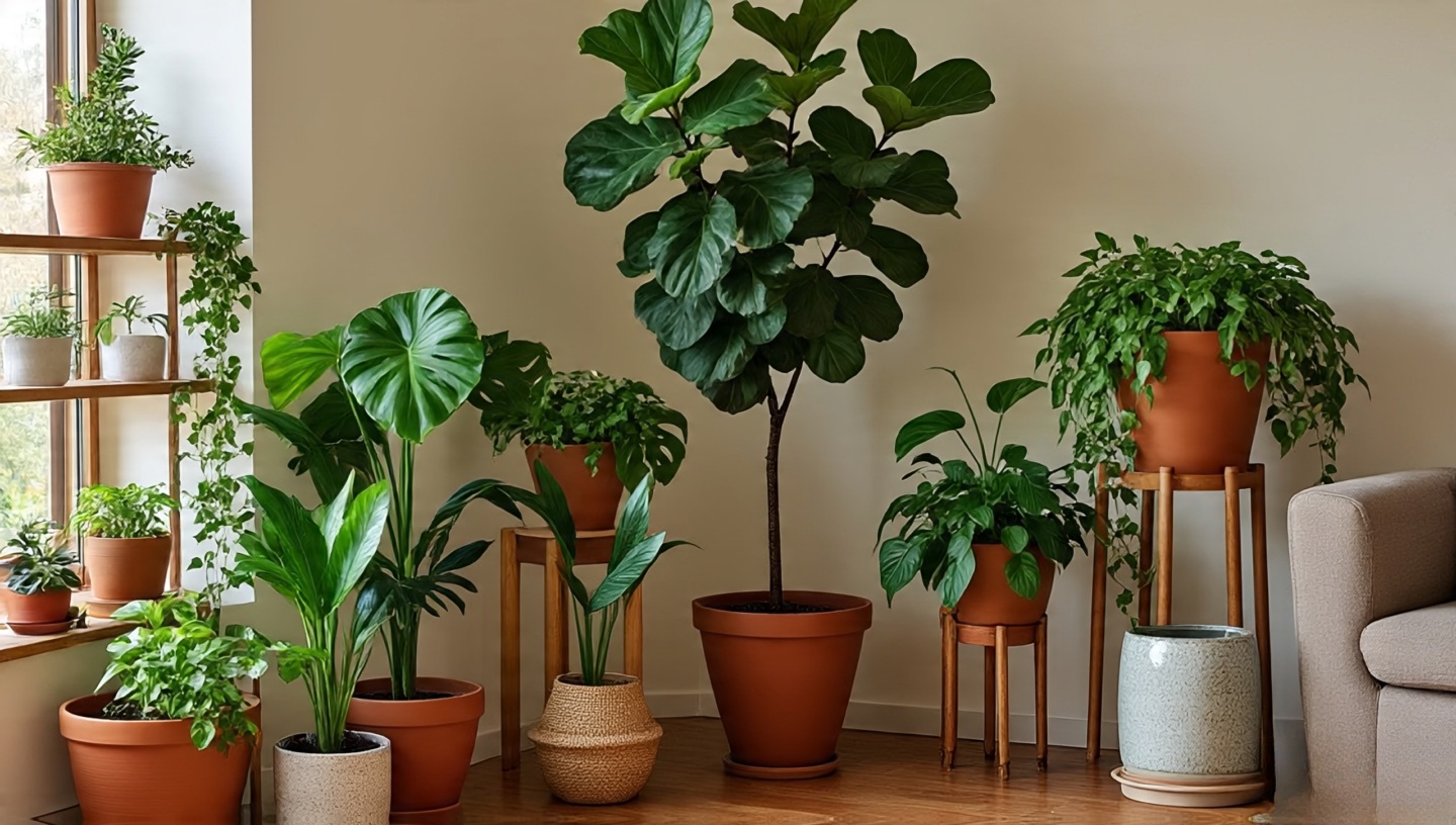 Mini indoor forest corner with a tall fiddle leaf fig, monstera and snake plants on stands, and trailing pothos on shelves in terracotta and glazed pots