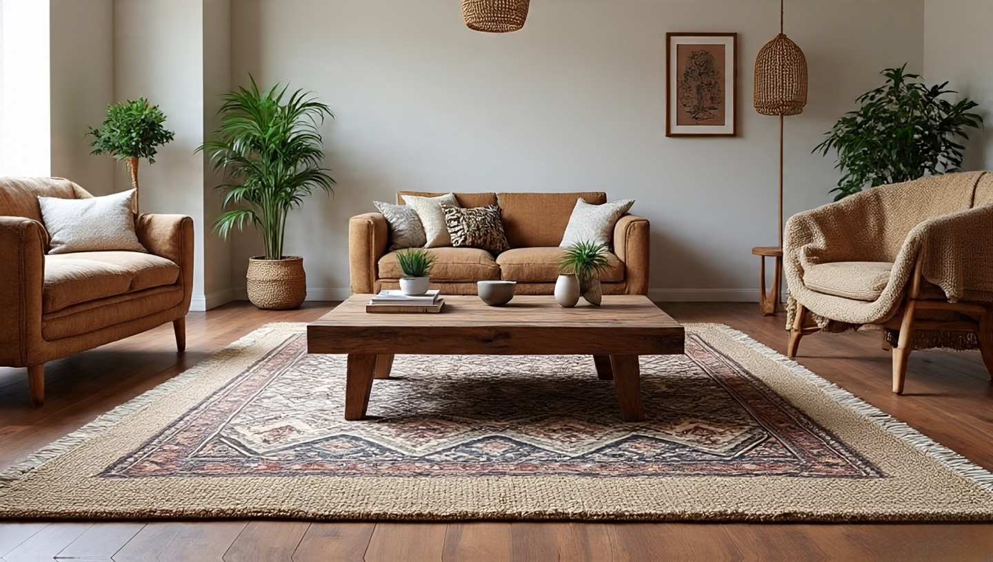 Large neutral jute rug layered with smaller Moroccan patterned rug anchoring a Boho living room