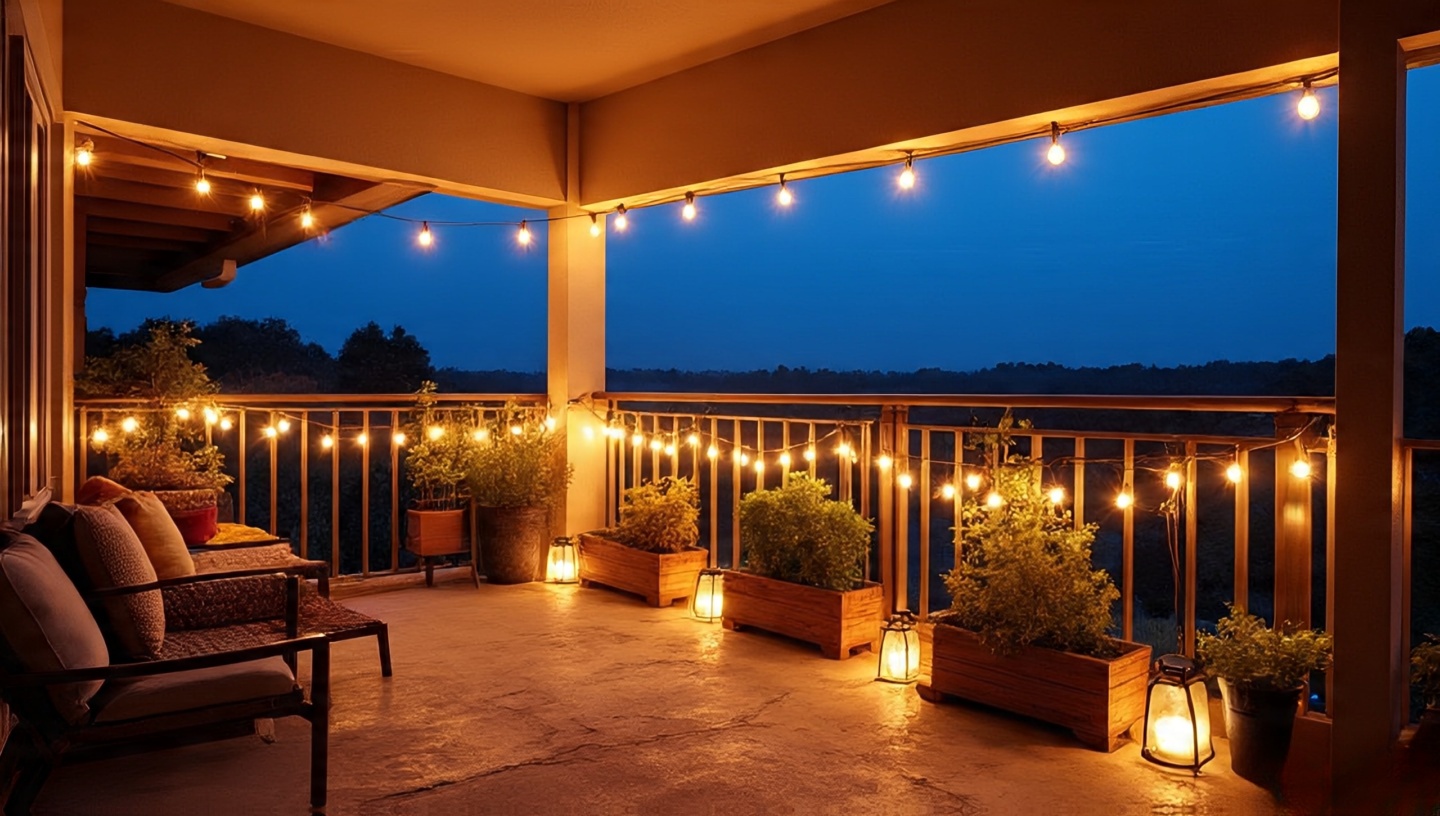 Small balcony at dusk with warm string lights draped on railing and overhead, rustic planters and textiles glowing