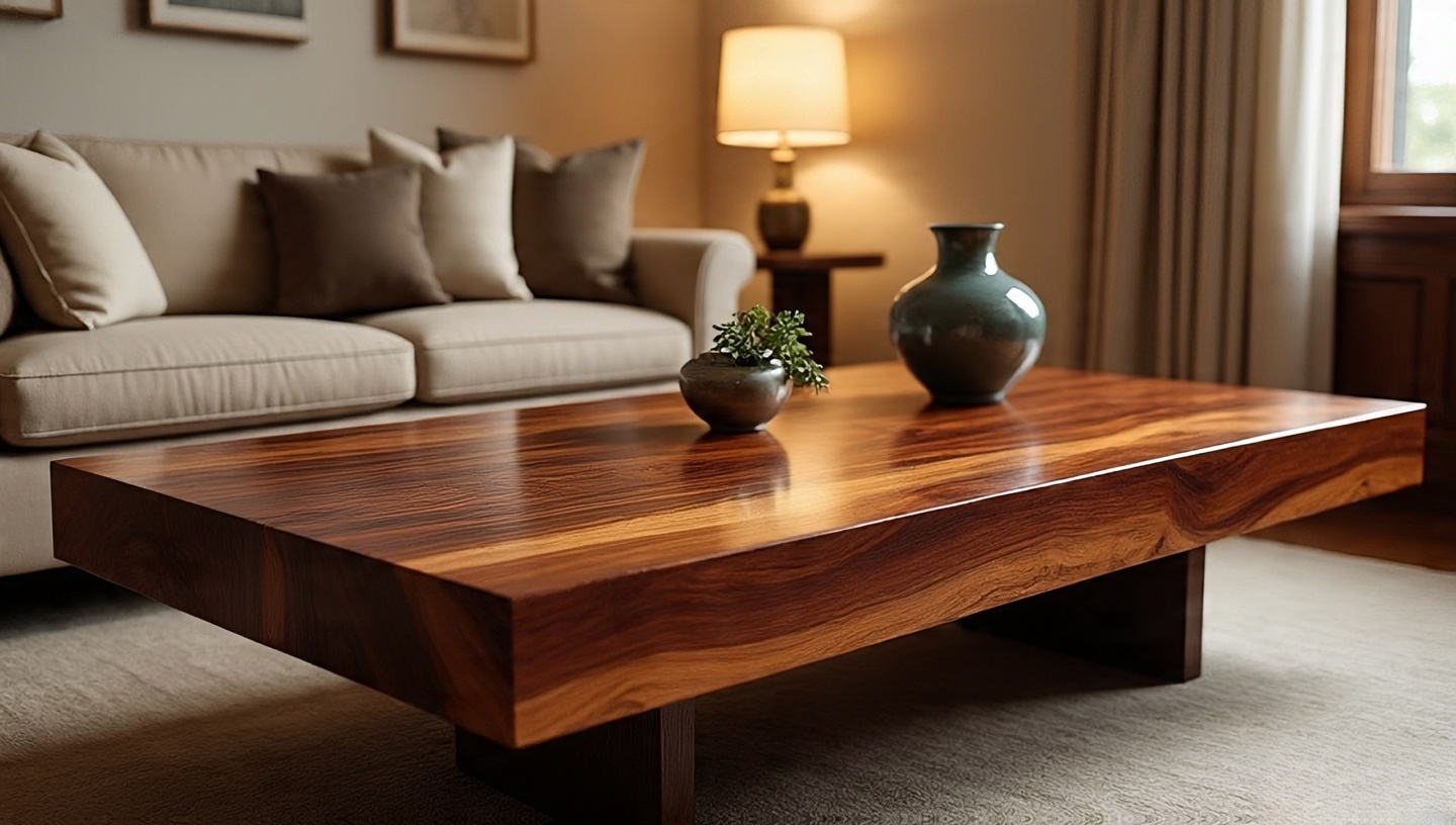 Mahogany coffee table with visible grain in pale Bohemian living room