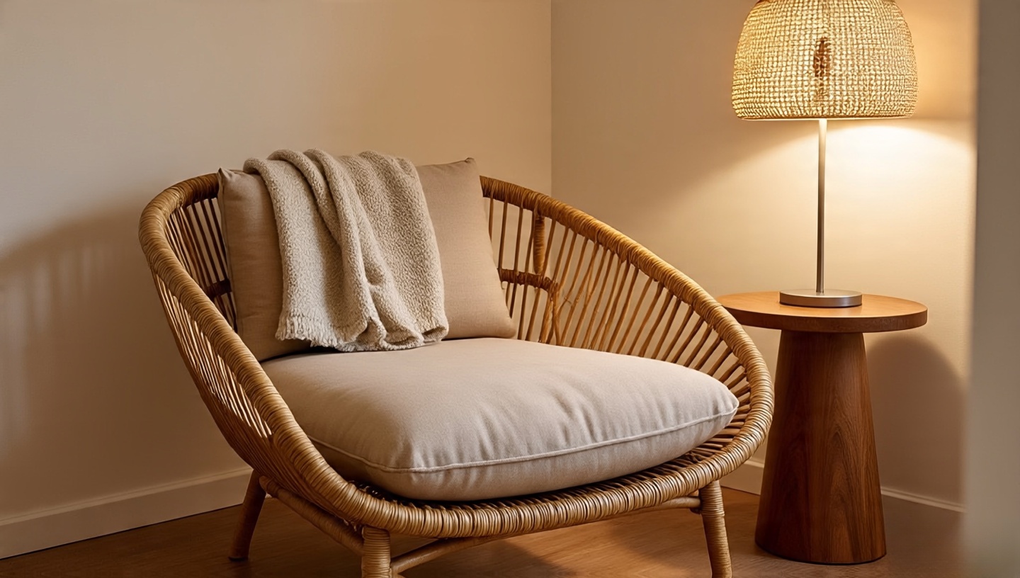 Rattan lounge chair with curved silhouette and tight cane weave, paired with a wool throw in a sunlit Boho corner