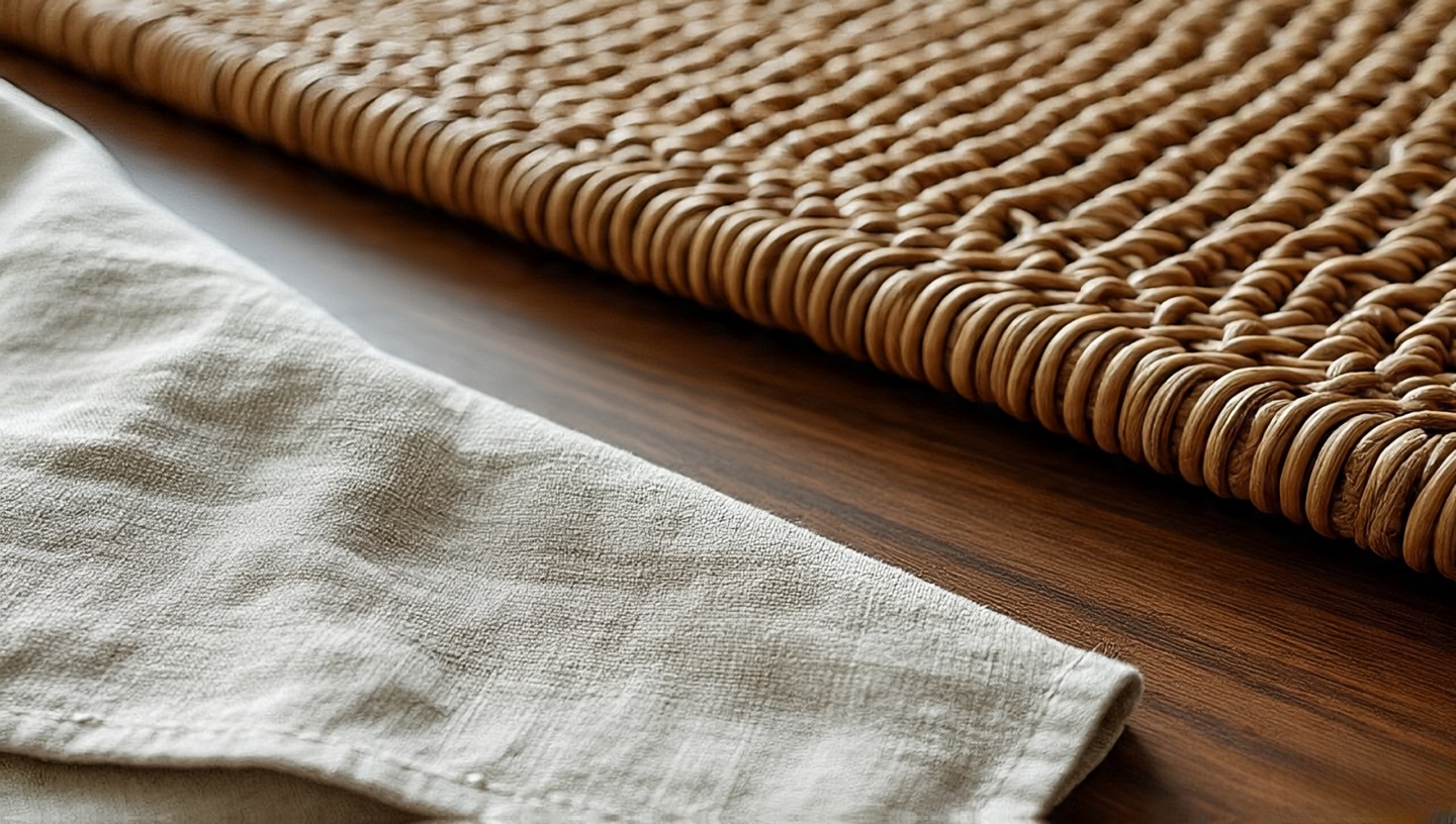 Close-up flatlay of oak wood grain, woven rattan, iron frame, and linen textile highlighting tactile contrasts