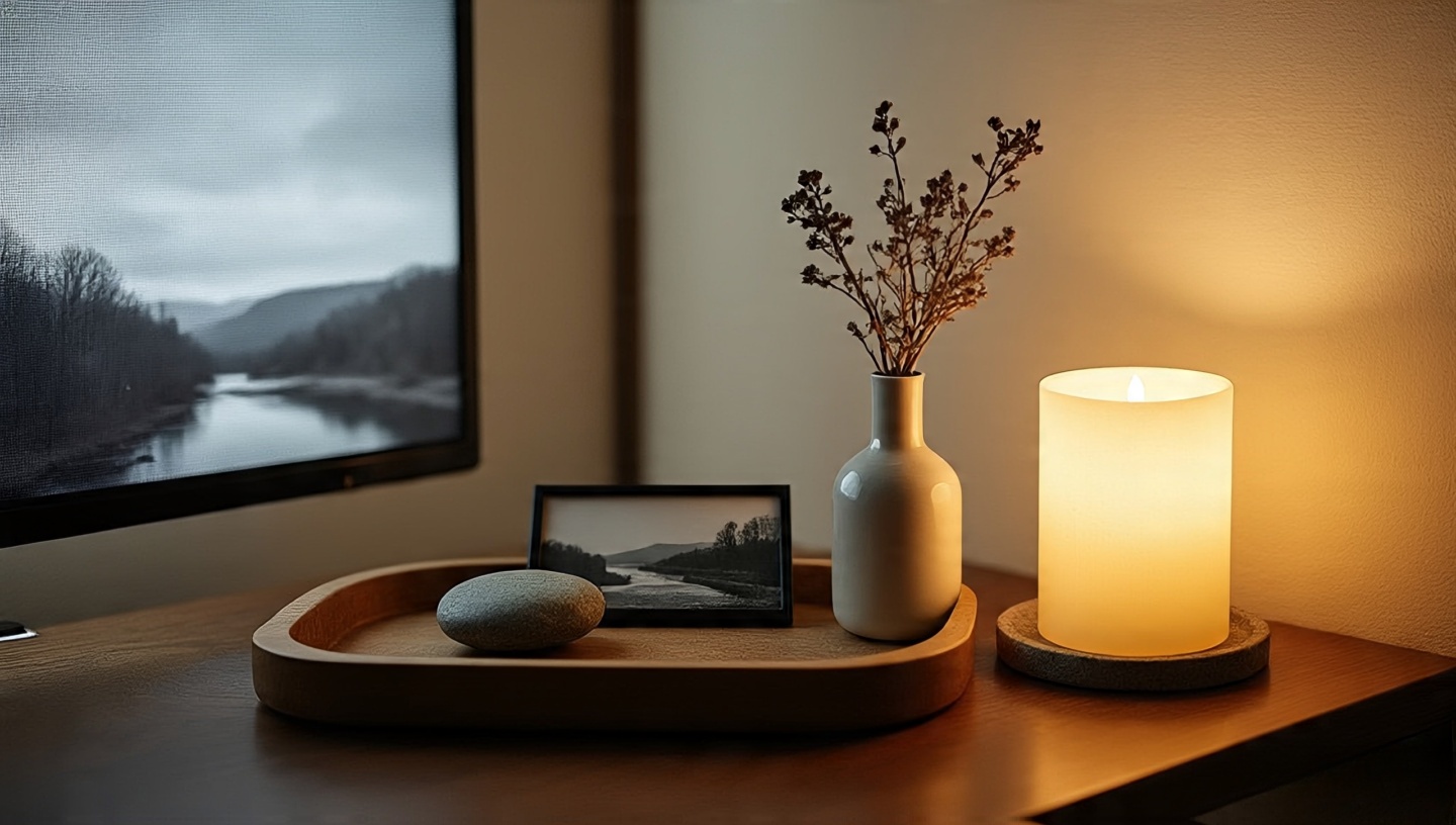 Tiny altar on a side table with tray, smooth stone, black-and-white photo, bud vase, and beeswax candle