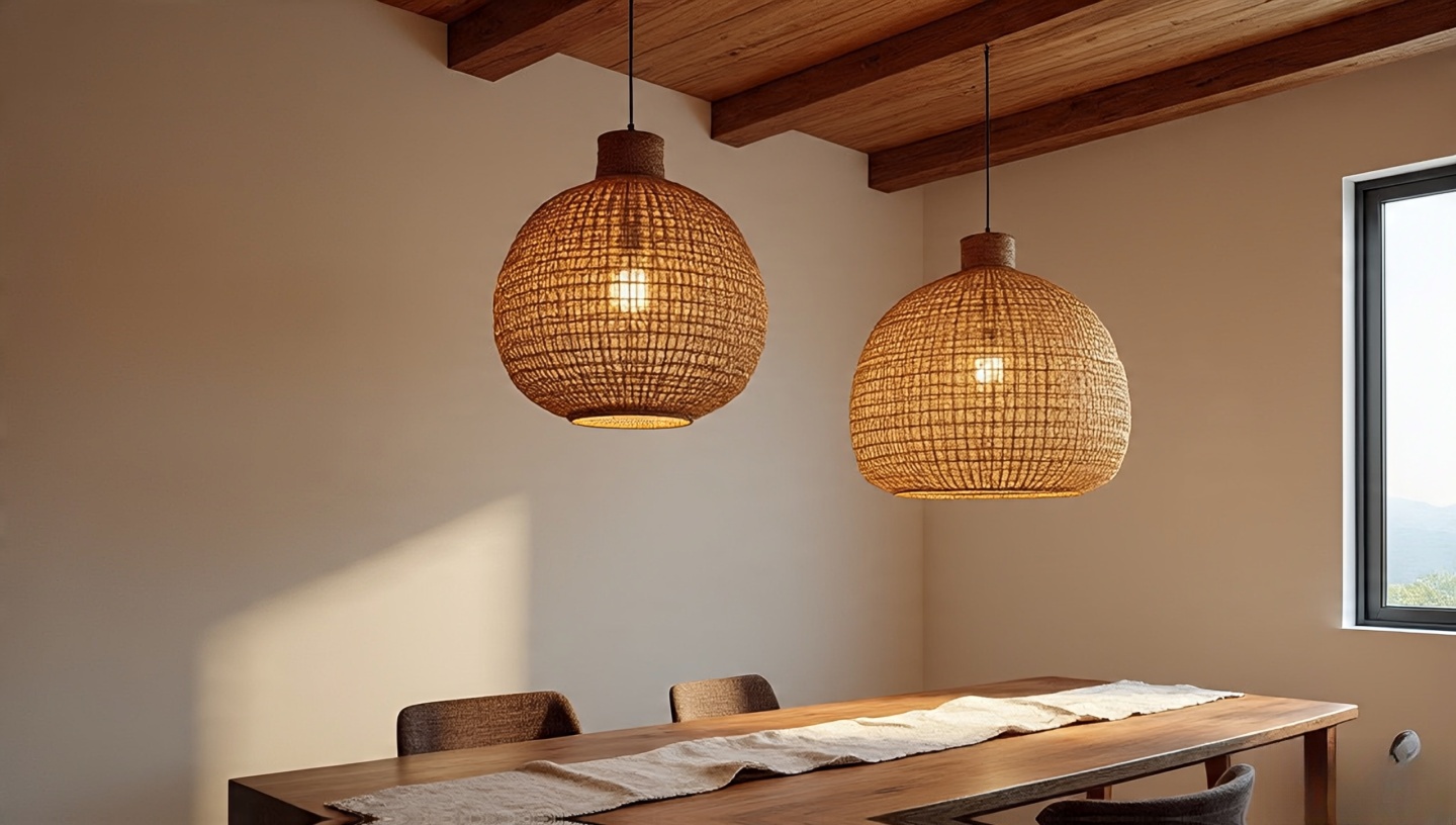 Clustered woven pendants at staggered heights over a dining table, casting ripple-like shadows