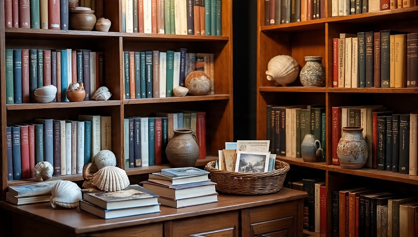 Eclectic bookshelves mixing vertical rows and horizontal stacks with seashells, pottery, and a basket for postcards