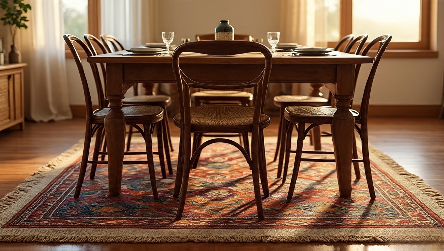 Dining area with layered jute and kilim rugs under the table