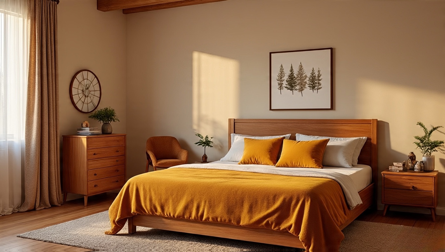 Neutral Bohemian bedroom with wood tones and one bold mustard throw as the focal accent
