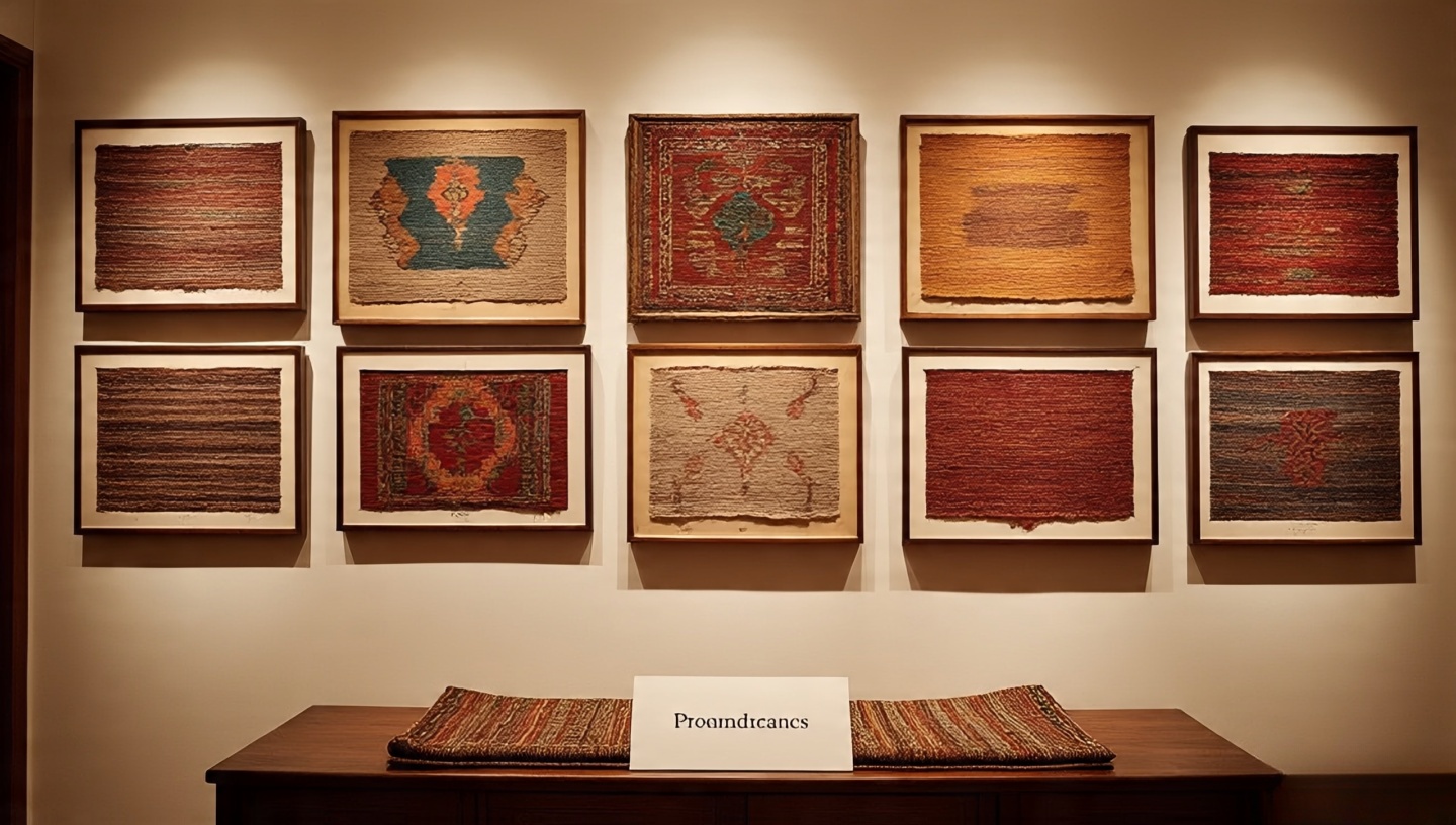 Gallery wall of framed Moroccan, Turkish, Indian and Berber textile swatches with labeled origins and dates