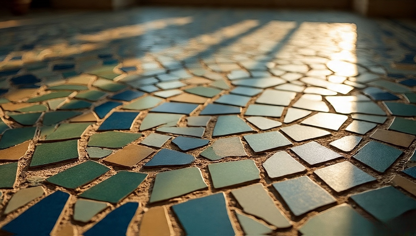 Close-up of hand-laid mosaic tile evoking warmth and authenticity