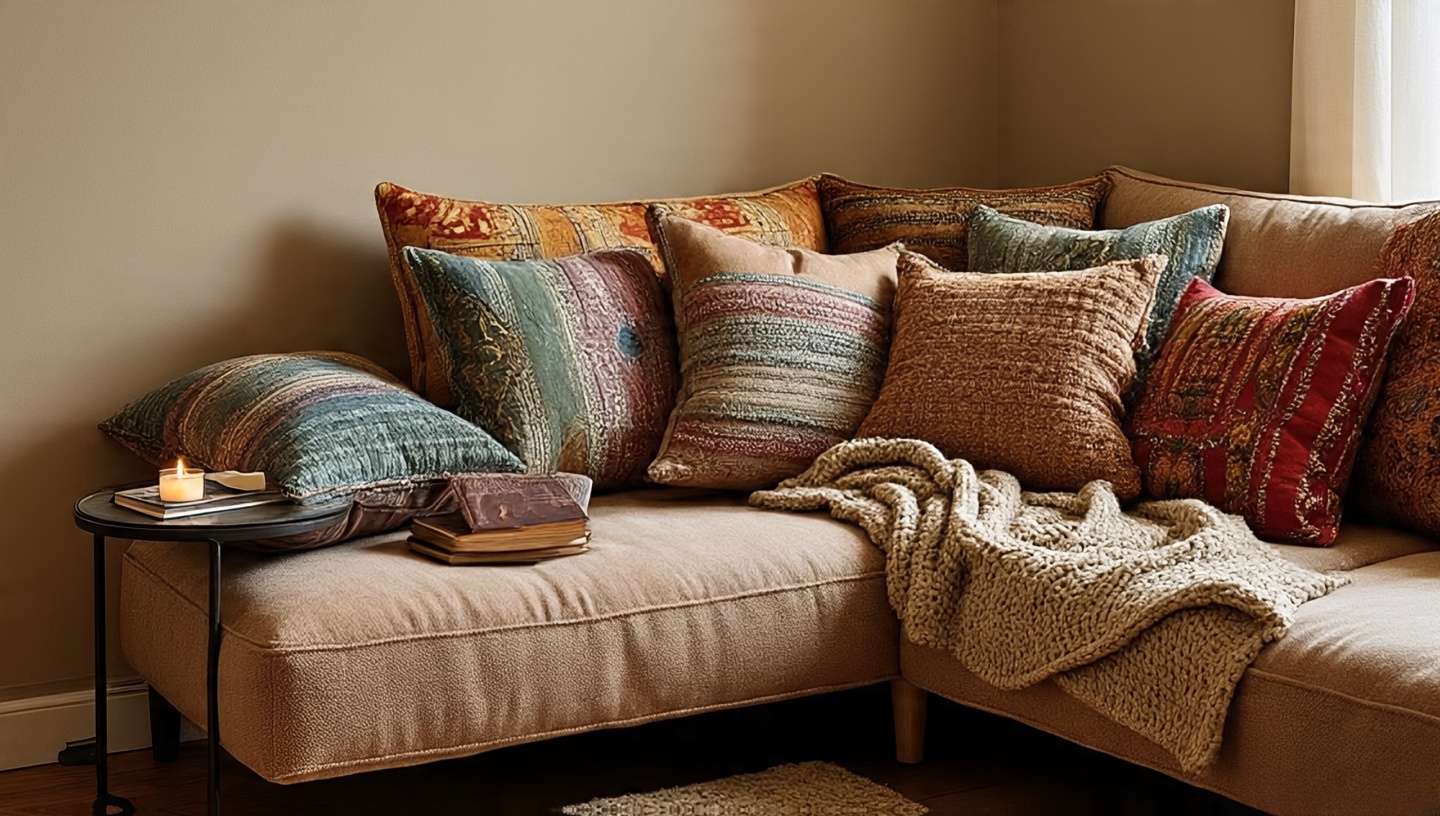 Boho sofa retreat with oversized cushions, thick knitted throw, candle and a single book on the table