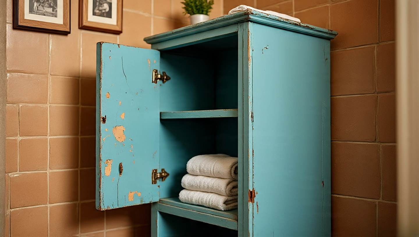 Vintage sky-blue cabinet with chipped paint used for towels