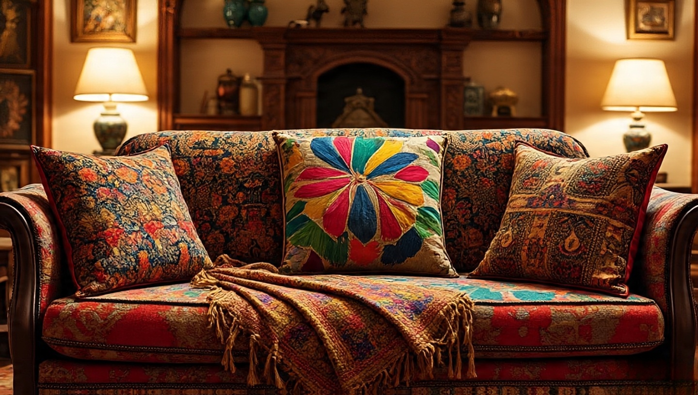 Culturally layered Boho sofa with Moroccan textile, Mexican painted cushion and Indonesian batik draped