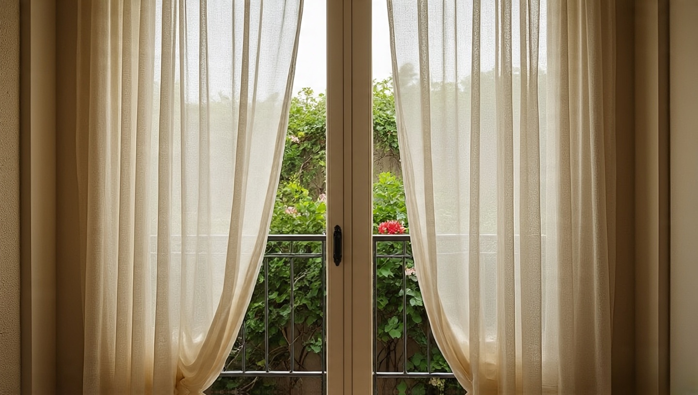Sheer linen curtains draped across balcony rails, softly billowing and filtering sunlight